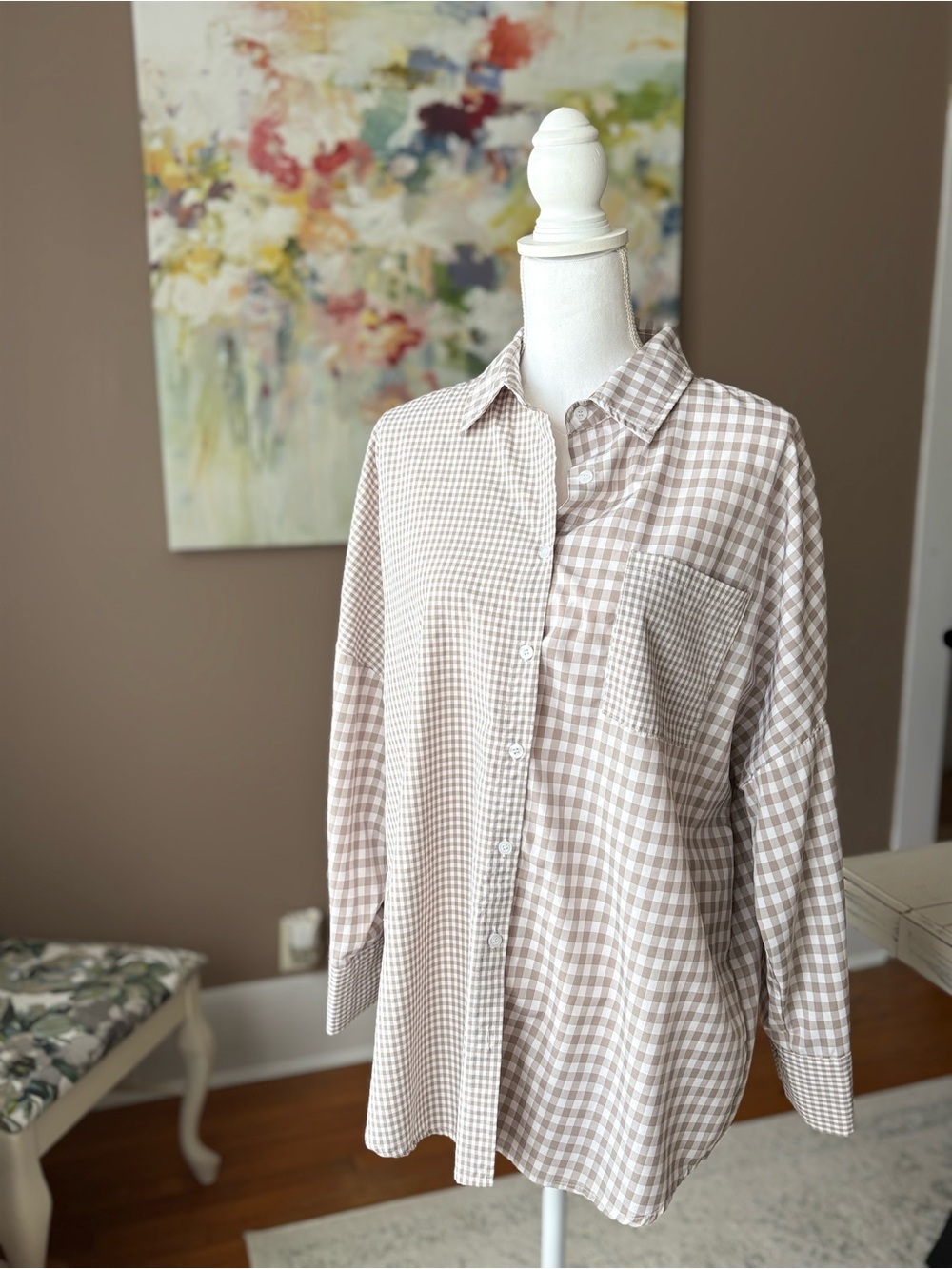 Beige Gingham Button-Up Shirt - Relaxed Fit